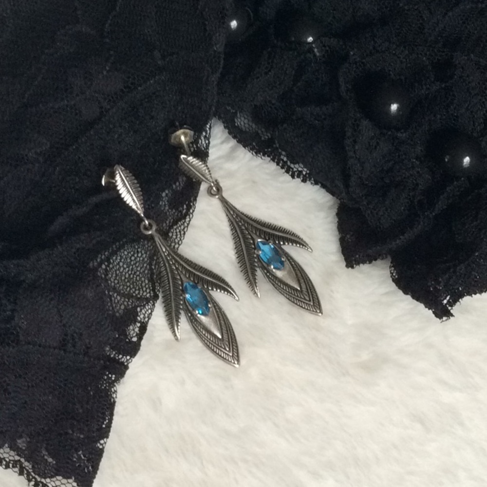 Blue Topaz Leaf Drop Earrings Sterling Silver